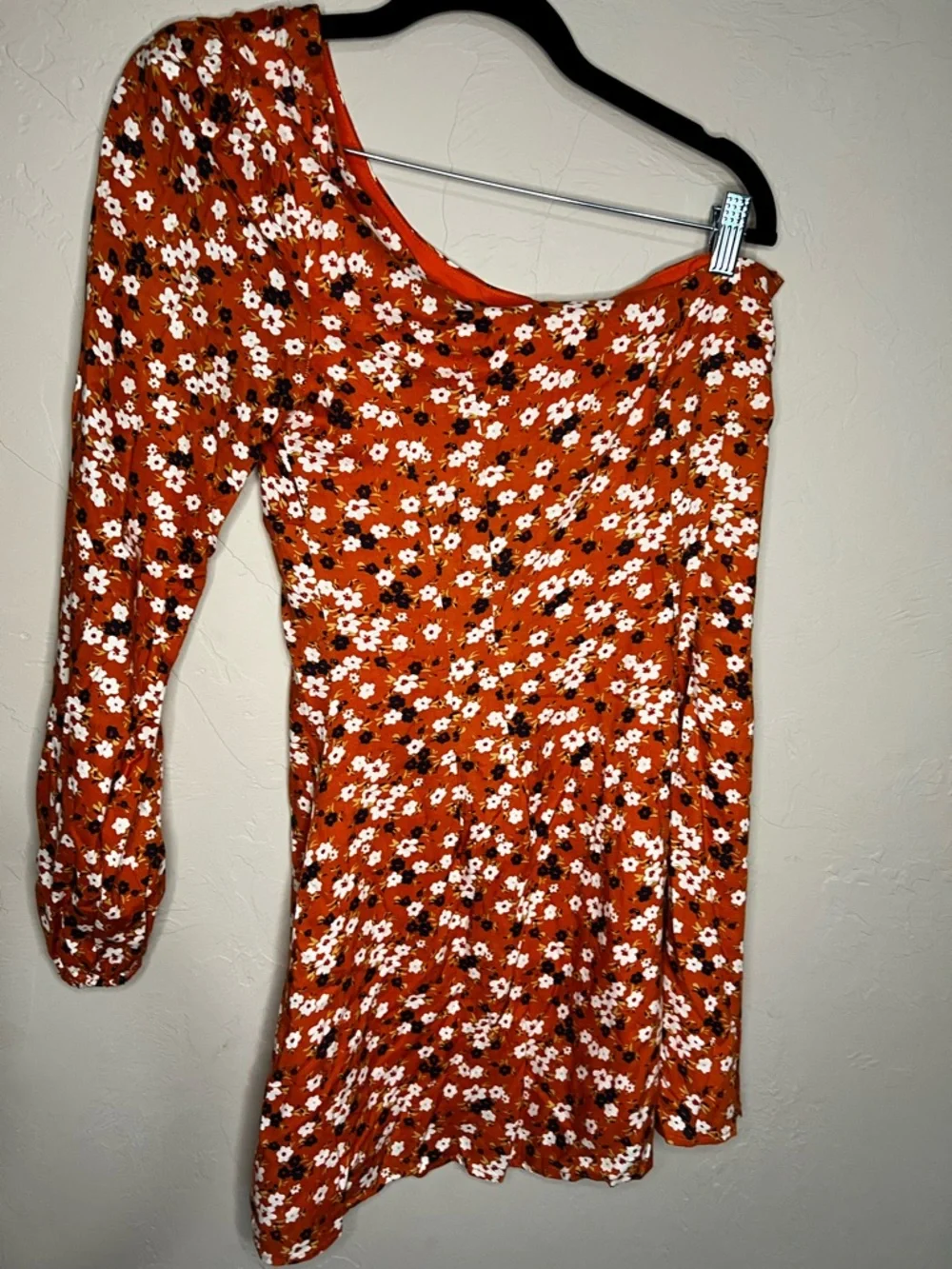 Free People Jules One-Shoulder Orange Floral‎ Mini Boho Dress